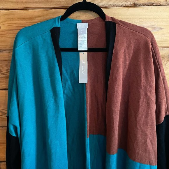 NWT Chico’s Teal Brown and black color block Open Cardigan - Picture 5 of 6
